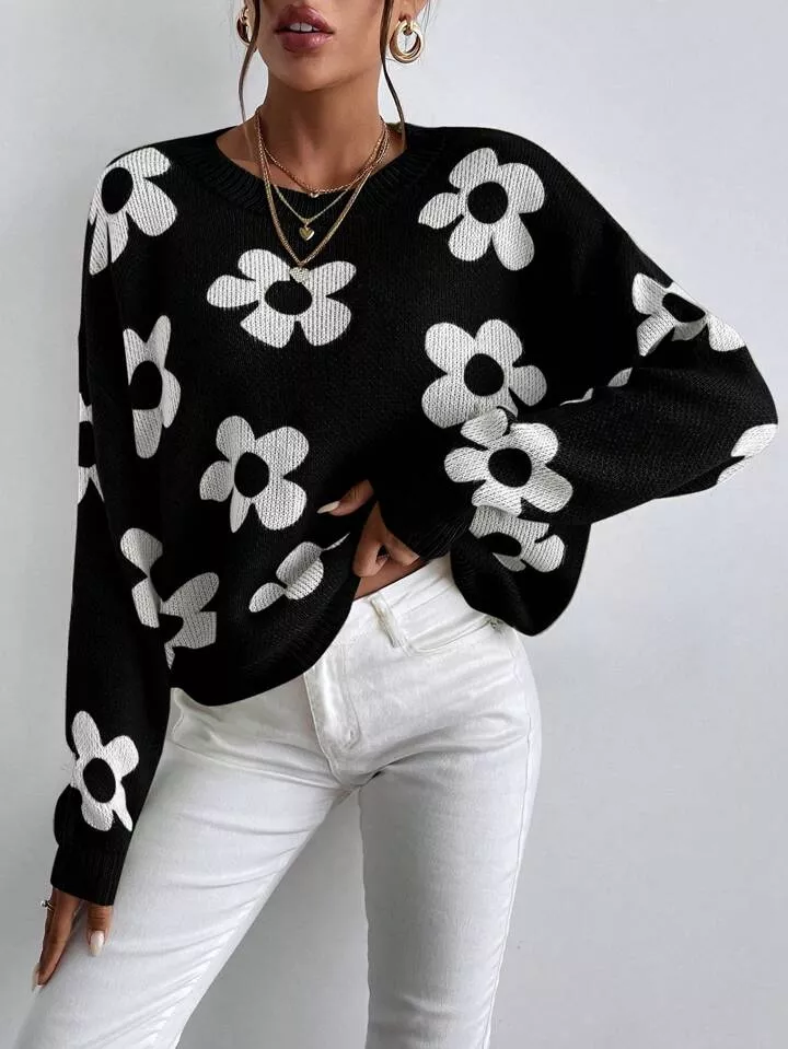 SHEIN Essnce Floral Pattern Drop Shoulder Sweater