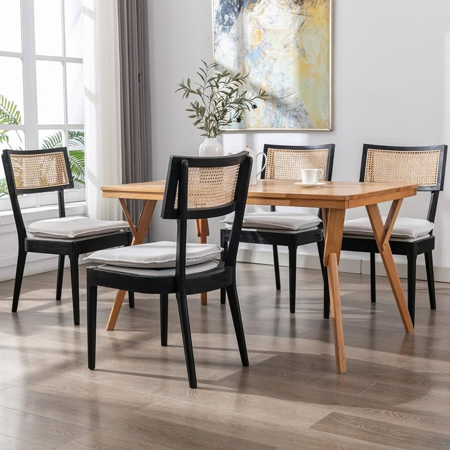 Guyou Black Rattan Dining Chairs Set of 4, Linen Upholstered Farmhouse Dining Chairs with Cane Ba... | Amazon (US)