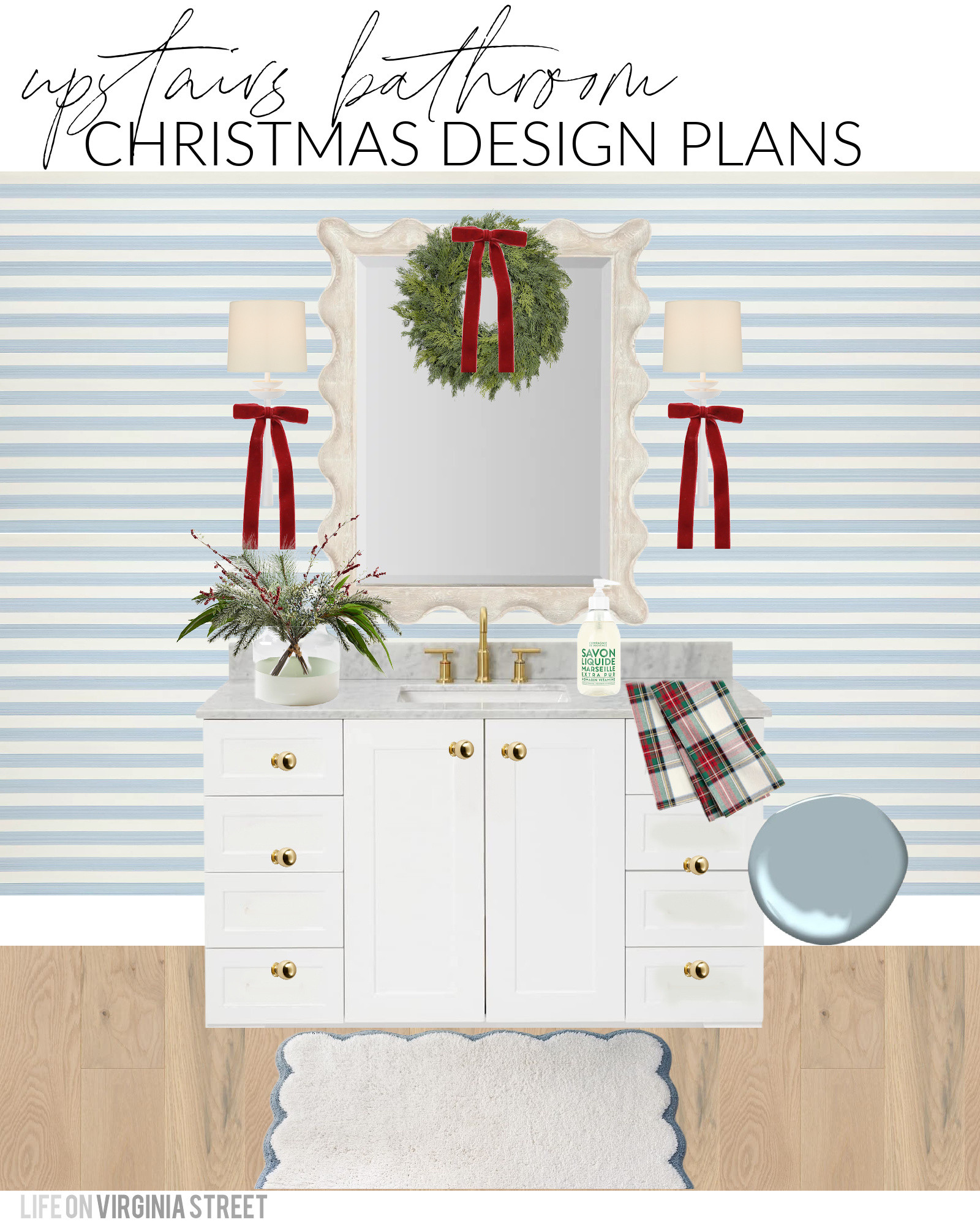 Our Christmas decor plans for our upstairs bathroom! Now that we've added the blue striped wallpaper, everything looks so cute with red velvet ribbon! I'll also be adding this faux evergreen and berry arrangement, plaid hand towels, and a real-touch wreath. See all of my Christmas design plans here: https://lifeonvirginiastreet.com/2024-christmas-design-boards/. #ltkhome #ltkholiday #ltkseasonal #ltkfindsunder50 #ltkfindsunder100 #ltksalealert 

 #LTKHoliday #LTKHome #LTKFindsUnder50
