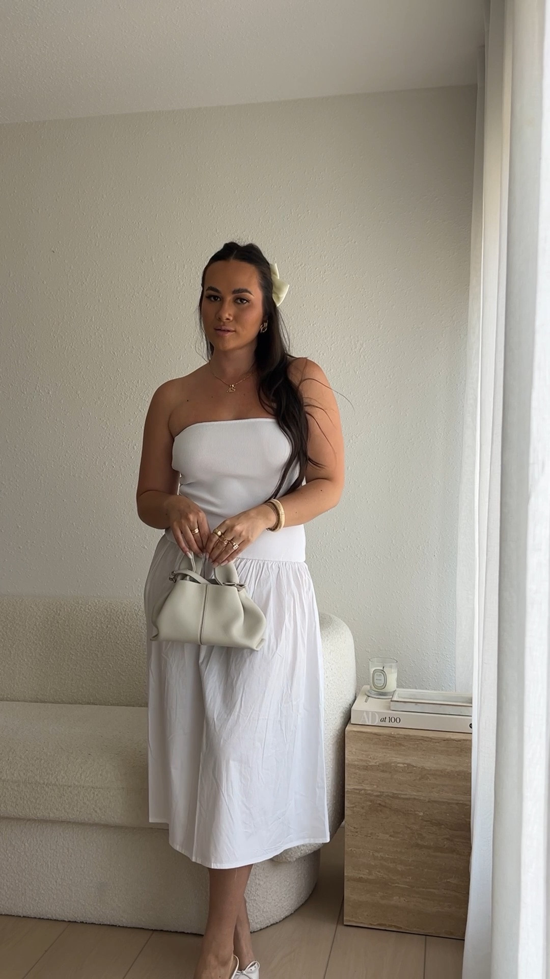 Chic feminine midi dress outfit for summer styled with a neutral bow and kitten heels - love this dress!

#LTKootd #LTKgrwm #LTKSeasonal