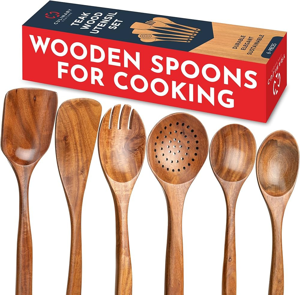 Teak Wooden Utensil Set 6-Piece - Smooth Finish Wooden Spoons for Cooking - Comfortable Grip, Non... | Amazon (US)