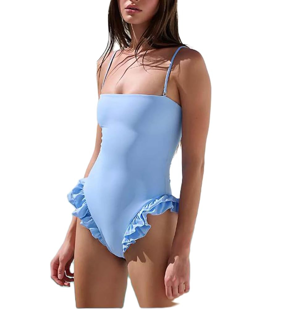Mxiqqpltky One Piece Womens Swimsuits Y2k Ruffle Bathing Suit Spaghetti Strap Square Neck Tummy C... | Amazon (US)