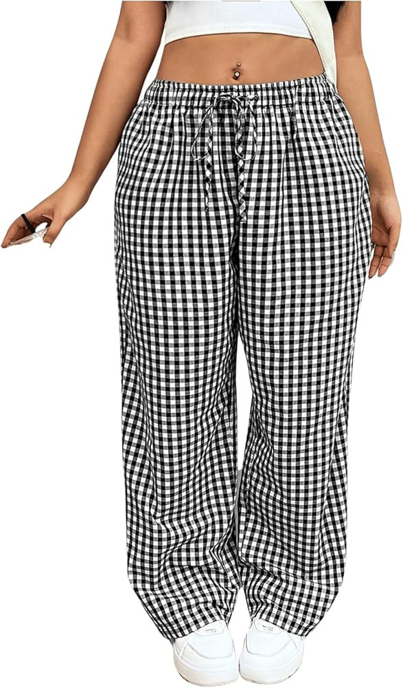 Floerns Women's Plus Size Drawstring Waist Gingham Plaid Baggy Wide Leg Pants | Amazon (US)