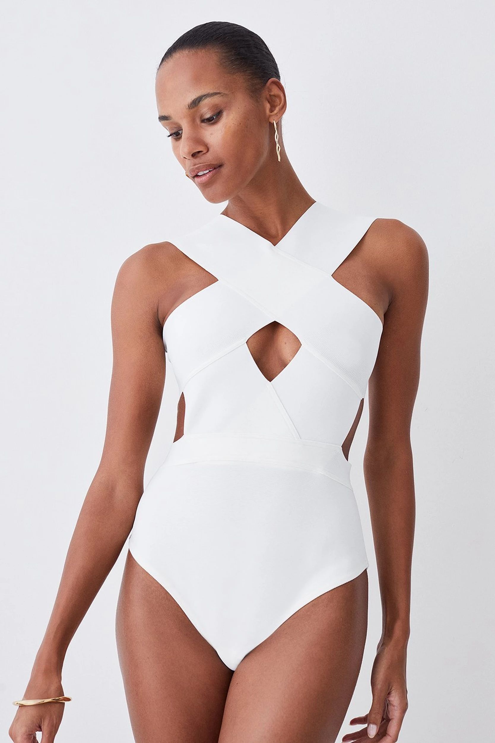 Bandage Textured Cross Front Swimsuit | Karen Millen UK + IE + DE + NL