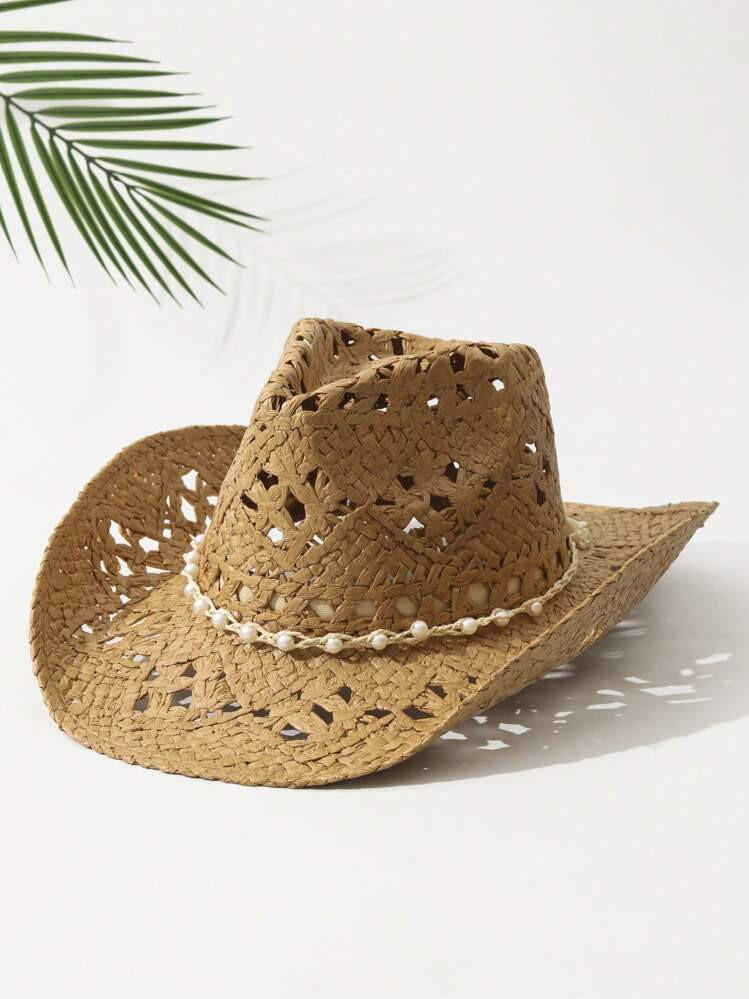 1pcs Unisex Pearl Decor Cowboy Hat Hollow Printed Cowgirl Hat Spring Summer Travel Shade Beach Hat Straw Hat Casual Sun Hat | SHEIN