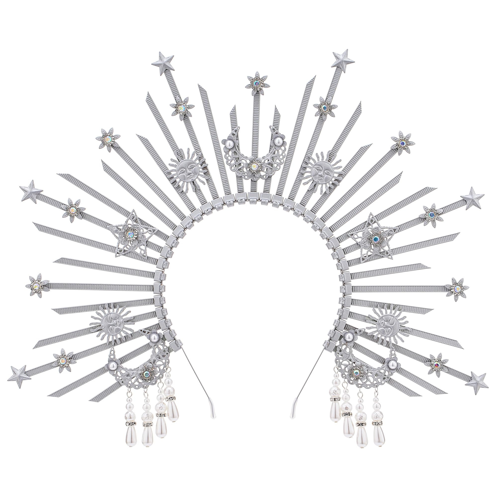 Sunburst Spike Sun Crown - Moon Star Greek Goddess Silver Halo Headband with Tassel, Angel Queen ... | Amazon (US)