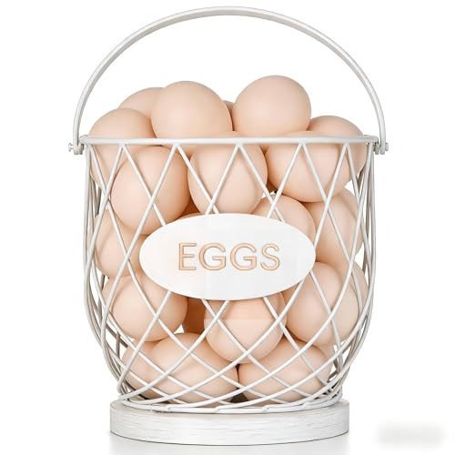 Chicken Egg Basket for Gathering Fresh Eggs with Metal Handle, Wire Egg Collecting Basket with Wooden Base, Round Egg Holder Countertop, Vintage Rustic Farmhouse Kitchen Decor Fruit Storage,White | Amazon (US)