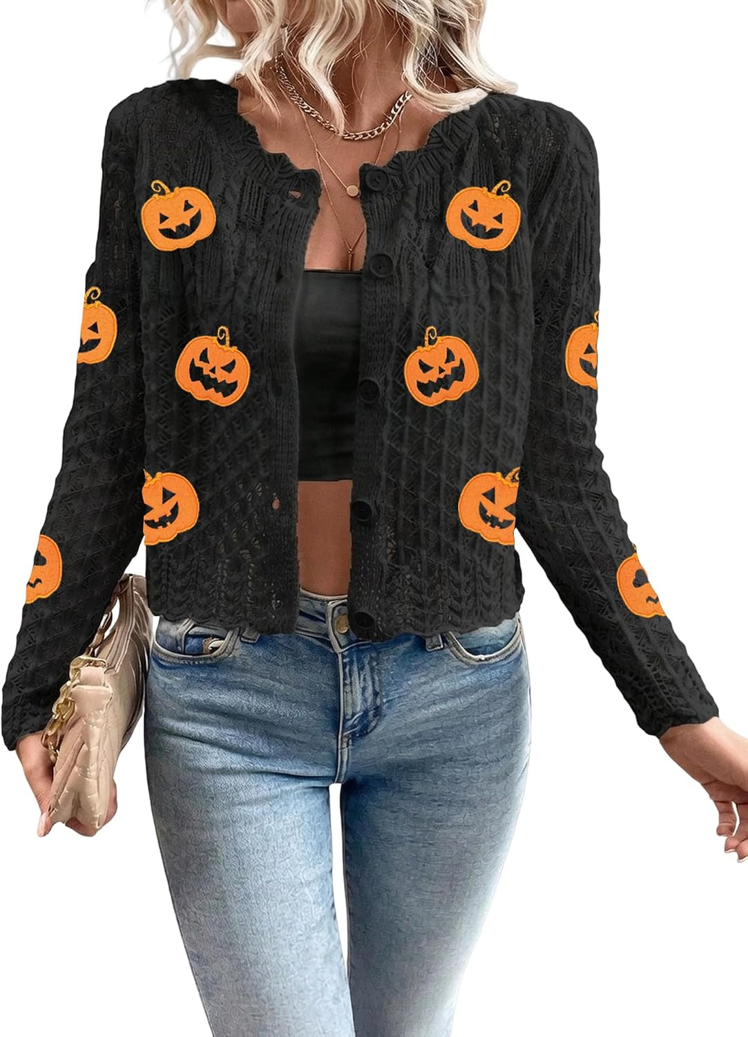 Urchics Women's Hollow Out Knit Cardigan Sweaters Scalloped Crewneck Cropped Sweater Long Sleeve Front Button Fall Tops | Amazon (US)