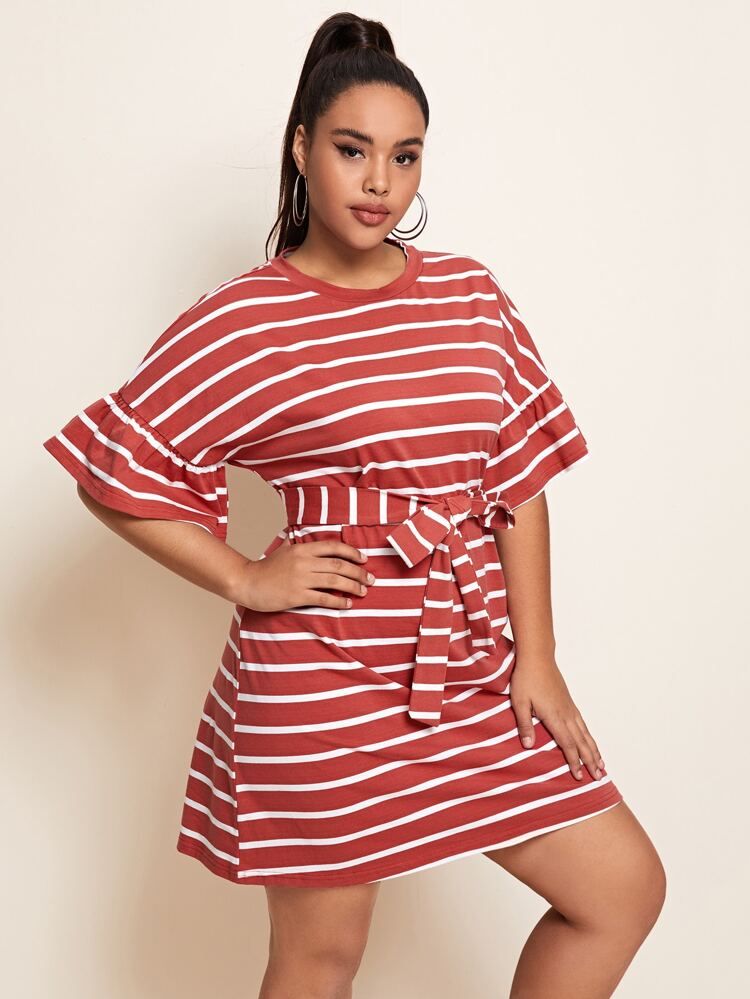 Plus Flounce Sleeve Belted Striped Dress | SHEIN