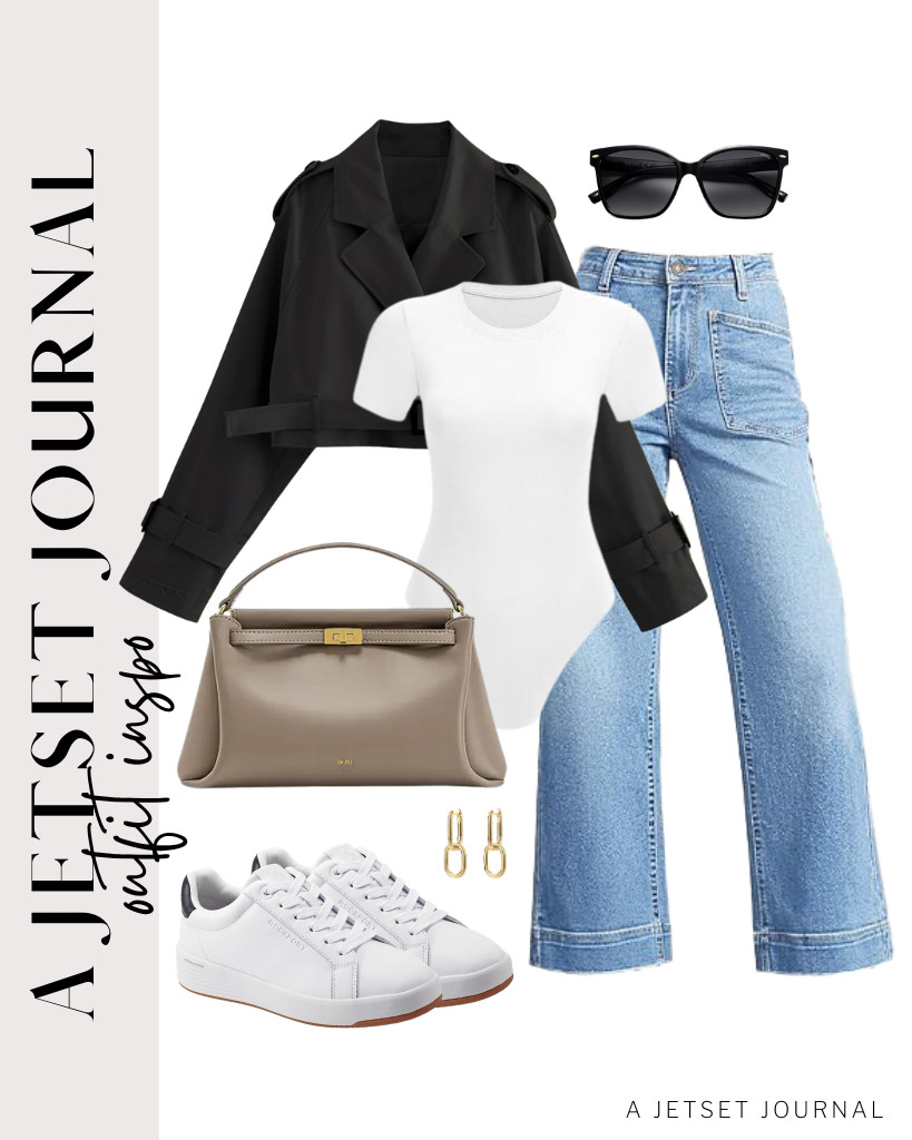 Start the last outfit with a white short-sleeve bodysuit and wide-leg pants from Cicy Bell. Layer it with a black cropped trench coat and style the outfit with a JW PEI Carmen top-handle bag. Complete the look with PAVOI dangle hoop earrings and wear these Rockport Elara sneakers. 

 #LTKSeasonal #LTKSaleAlert #LTKTravel