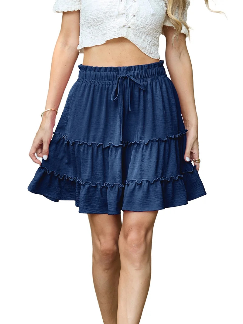 JWD Women's Short Skirt Summer Pleated Elastic Short Skirt Drawstring Mini Skirts Dark Blue XL | Walmart (US)