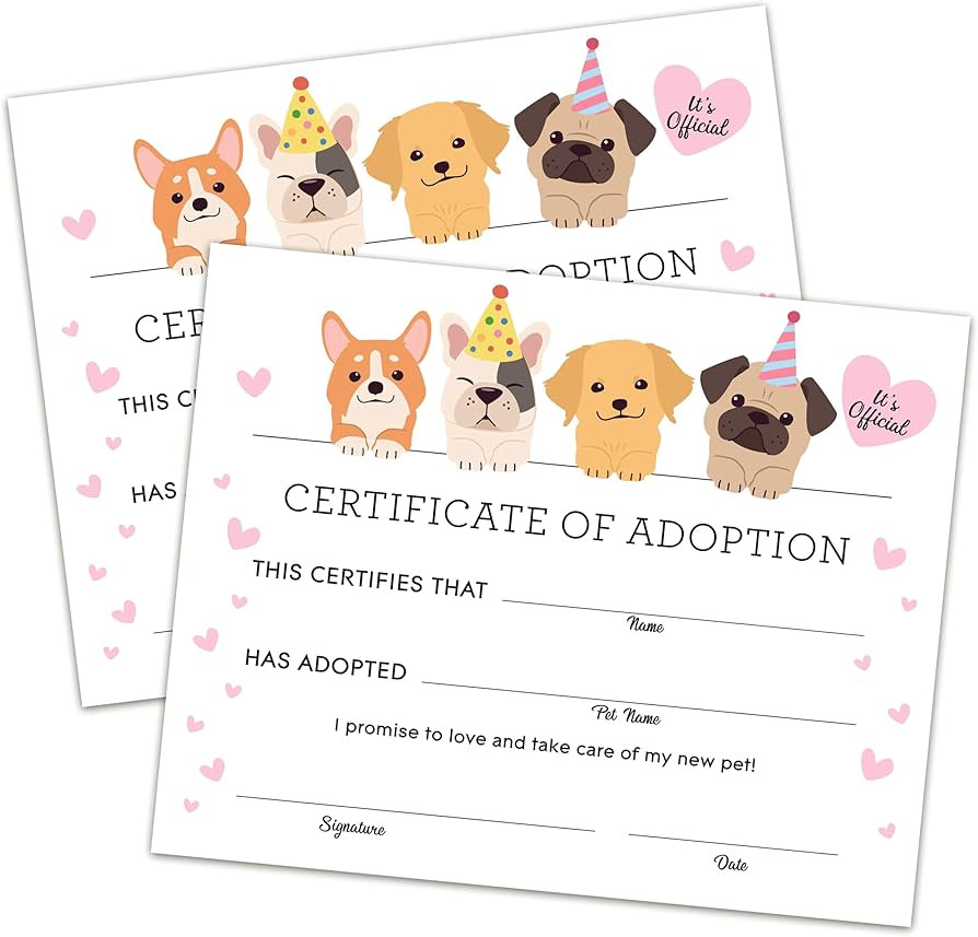Pet Adoption Certificate Adopt A Pet Certificate for Girl - Puppy Dog Adoption Party Decorations ... | Amazon (US)