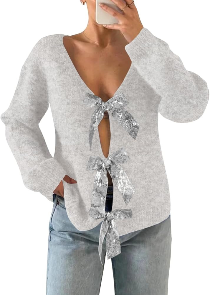 Saodimallsu Womens V Neck Long Sleeve Sweater Fall Trendy Sequin Bow Cropped Sexy Loose Knit Pull... | Amazon (US)
