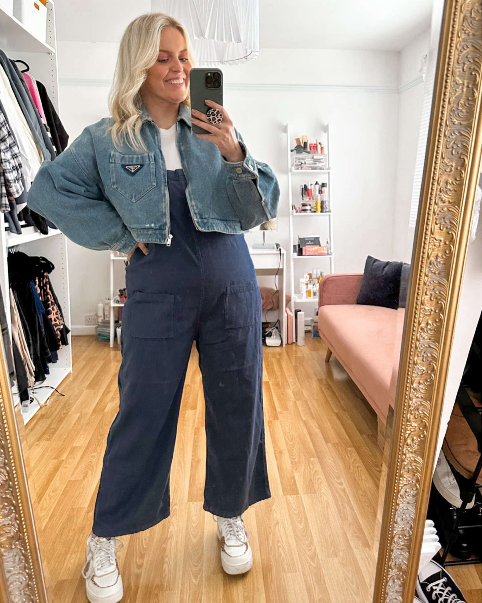 Denim blue jumpsuit, cropped denim jacket, white t-shirt, white trainers, leopard print nike air force 1 

#LTKeurope #LTKSeasonal #LTKstyletip