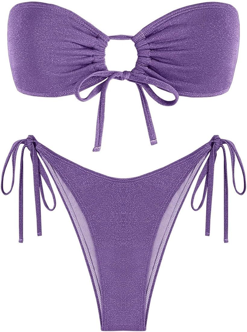 ZAFUL Women's Bandeau Bikini Set Tie Side Swimwear O Ring Cinched Strapless Swimsuit Halter Two P... | Amazon (US)