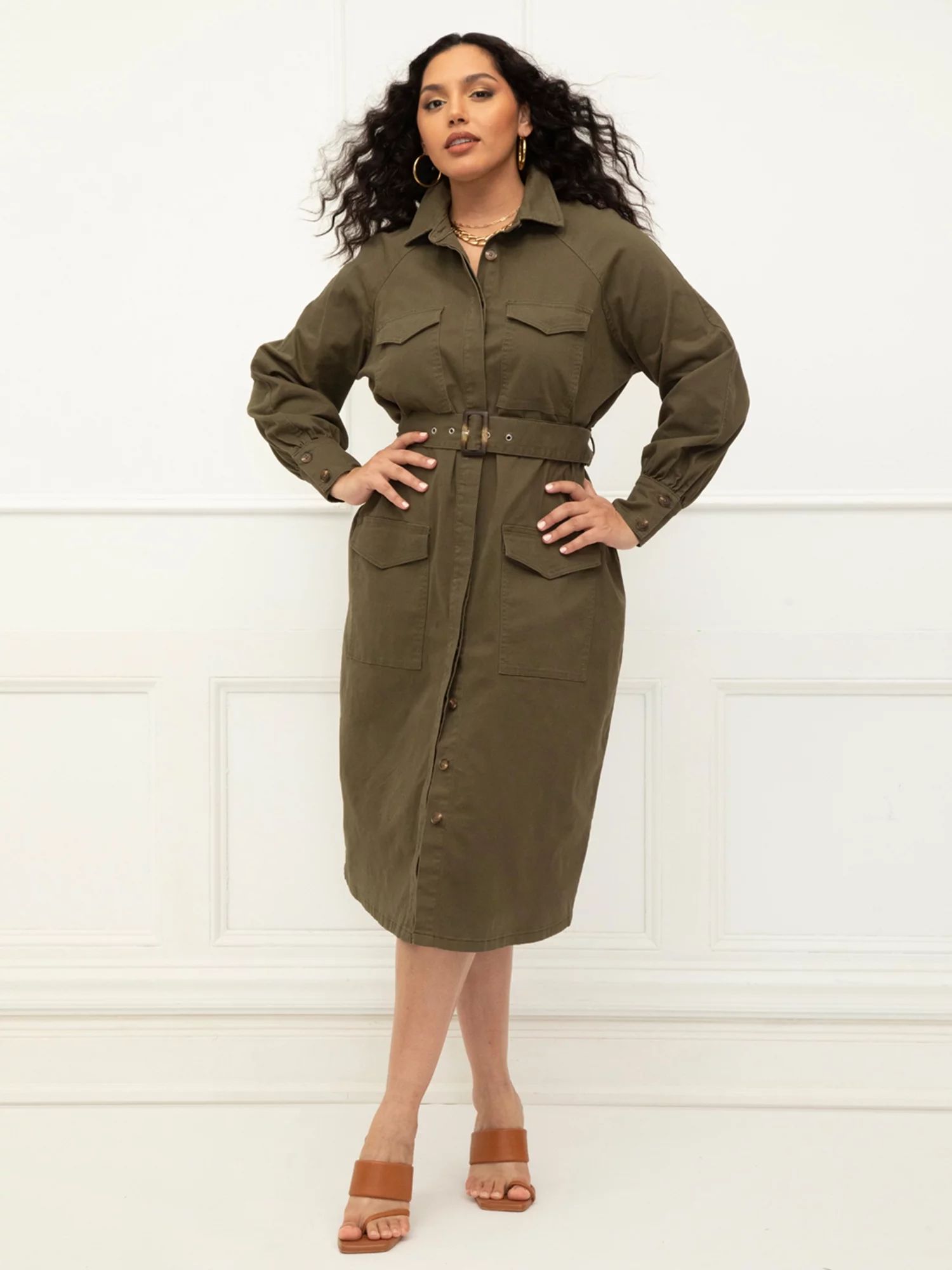 ELOQUII Elements Women's Plus Size Utility Shirt Dress | Walmart (US)