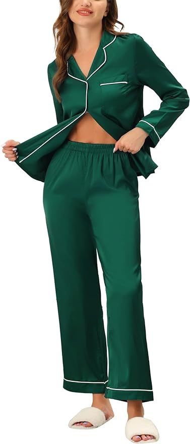 cheibear Womens Satin Christmas Sleepwear Long Sleeve Button Up with Pants Pajama Lounge Set | Amazon (US)