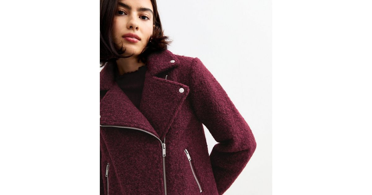 Burgundy Bouclé Biker Jacket  | New Look | New Look (UK)