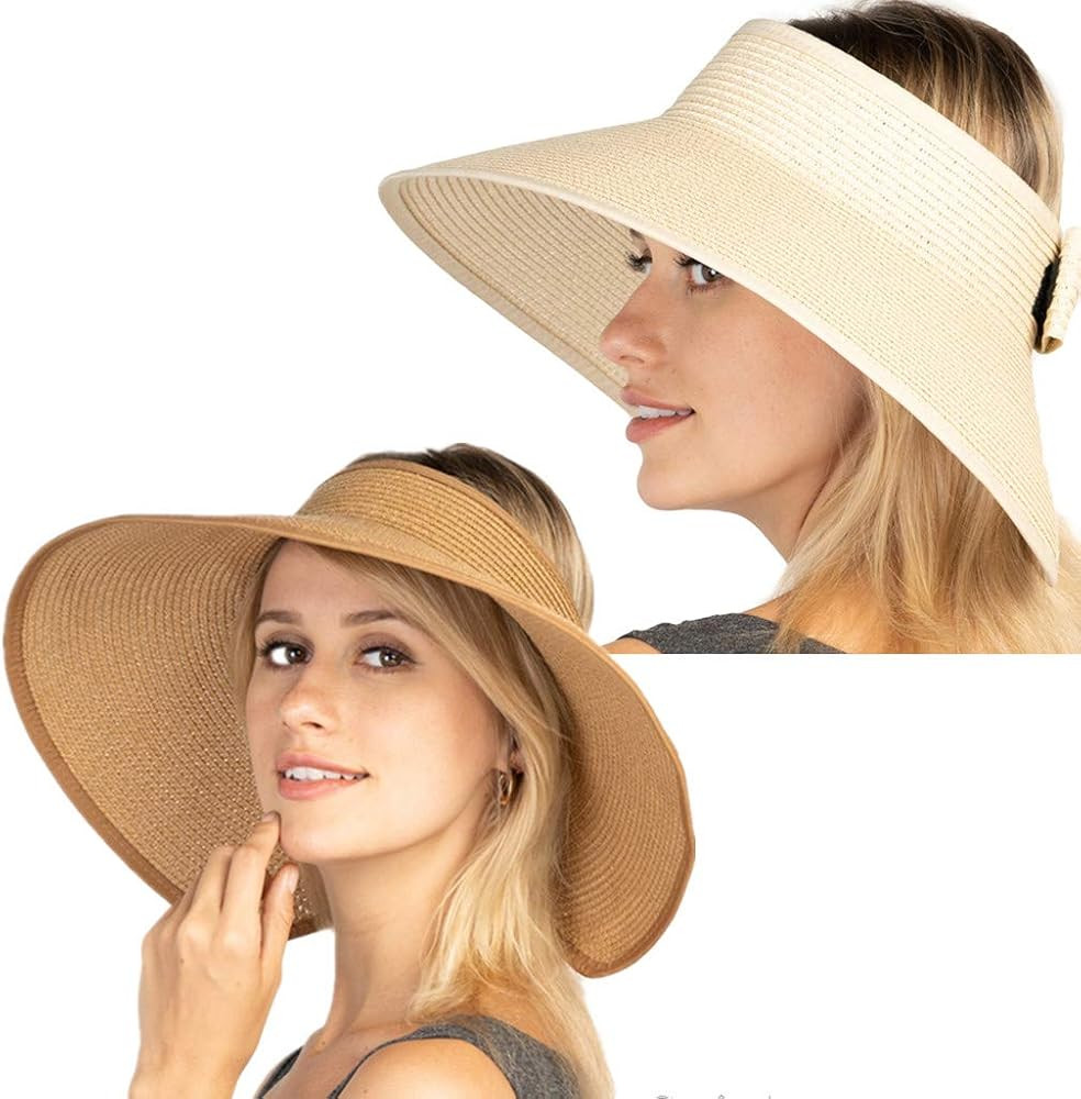 Women Sun Visors Foldable Straw Hats Summer Beach Packable Hat Floppy Wide Brim Cap Deep Style, A... | Amazon (US)