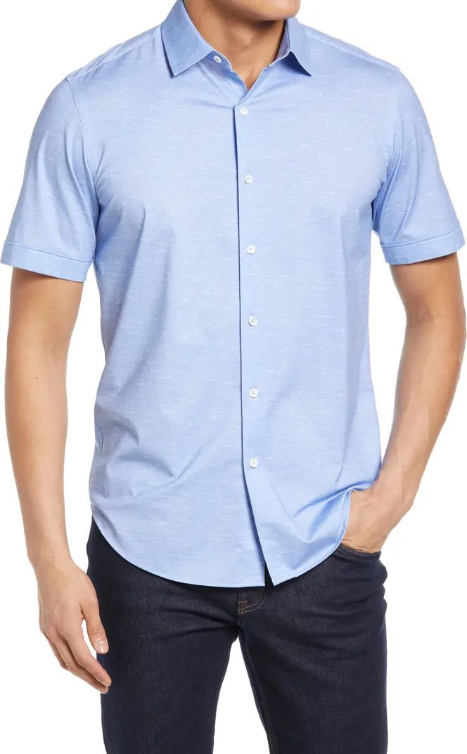 Bugatchi Tech Slub Knit Short Sleeve Stretch Cotton Button-Up Shirt | Nordstrom | Nordstrom