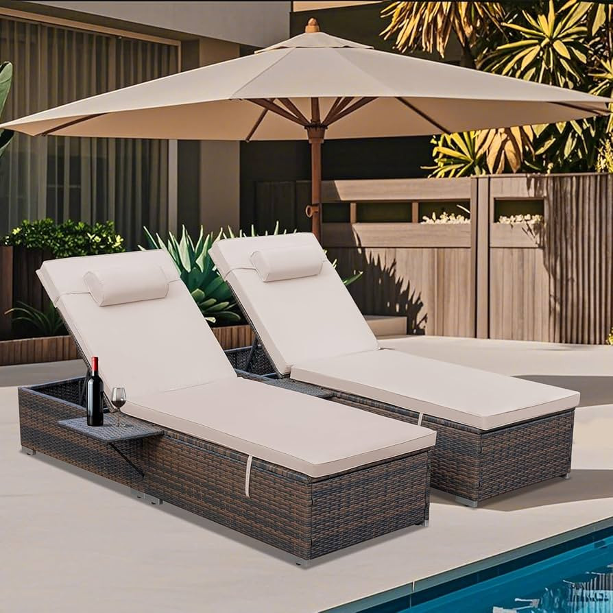 Outdoor Rattan Chaise Lounge Set of 2, PE Wicker Patio Reclining Sunbathing Chaise Lounge Chairs ... | Amazon (US)