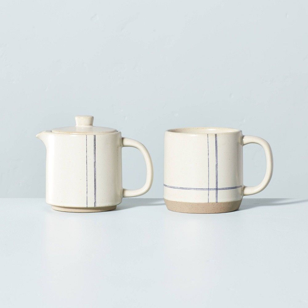 Engineered Stripe Stoneware Coffee Pot & Mug Set Blue/Sour Cream - Hearth & Hand™ with Magnolia | Target