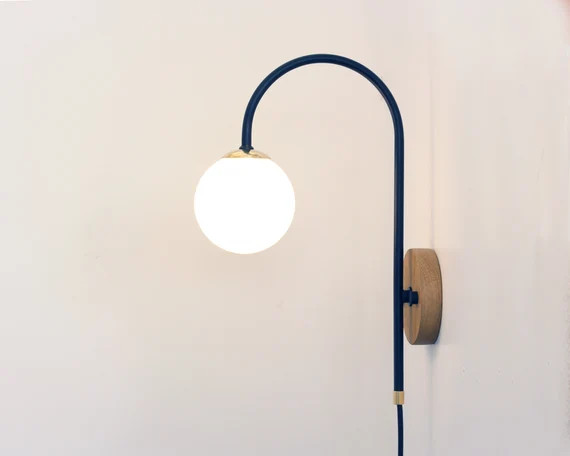 Plug in wall lamp , Bedside sconce, Brass wood and glass globe wall mounted lamp, Wall light fixt... | Etsy (US)