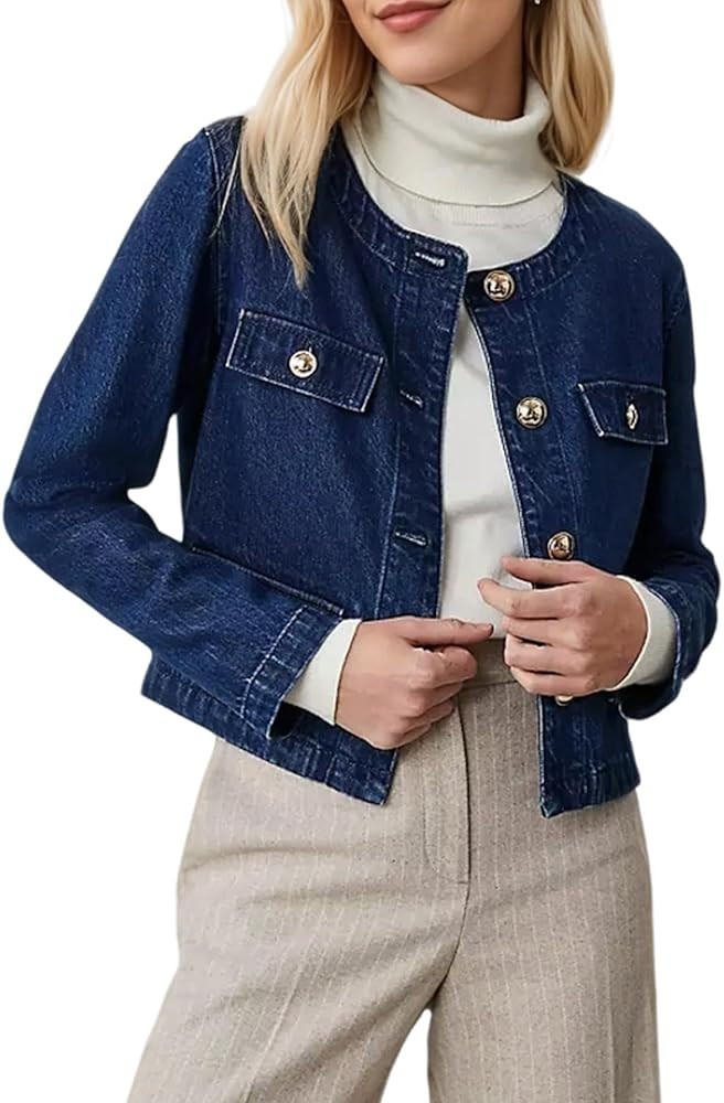 Kedera Jean Jacket Women 2025 Long sleeves Cropped Collarless Jean Cardigan Casual Shacket | Amazon (US)