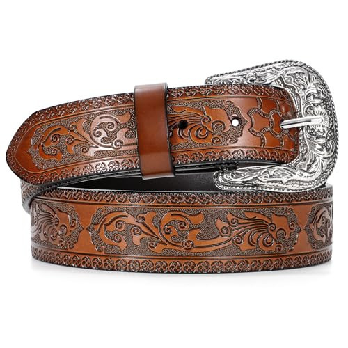 TRIWORKS Western Leather Belt for Women Men Cowgirl Cowboy Floral Engraved Tooled Leather Belt with for Jeans Pants Dresses Rodeo,D-Brown | Amazon (US)