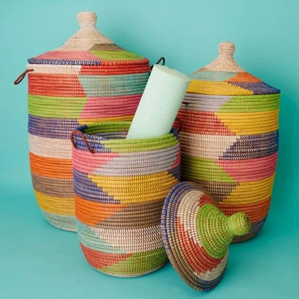 Senegal Jumbo Hand Woven Grass Colorful Herringbone Basket Set with Hooded Lids | Walmart (US)