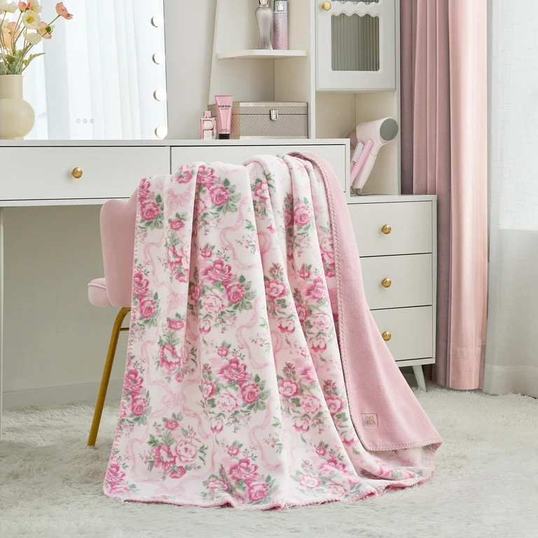 Paris Hilton Plush Throw Blanket, Reversible Fleece, 60" x 70", Pink Coquette Floral | Walmart (US)