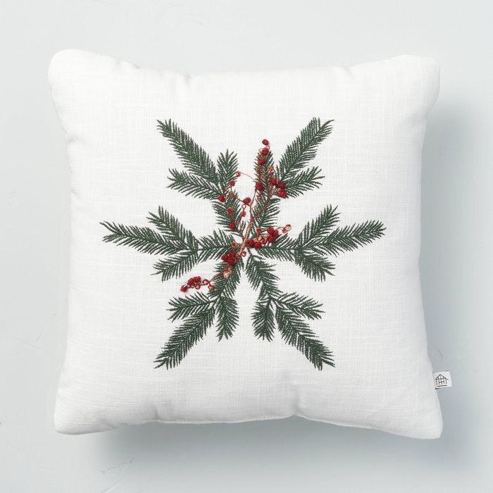 14" x 14" Foliage Snowflake Decor Throw Pillow Red/Green - Hearth & Hand™ with Magnolia | Target