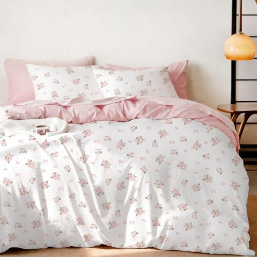 Jolusere Floral Duvet Cover Set Full 3 Pieces Pink Shabby Chic Flower Bedding Set for Girls, Cute Coquette Bow Flowers Design, 1 Cottagecore Duvet Cover & 2 Pillowcases (No Comforter) | Amazon (US)