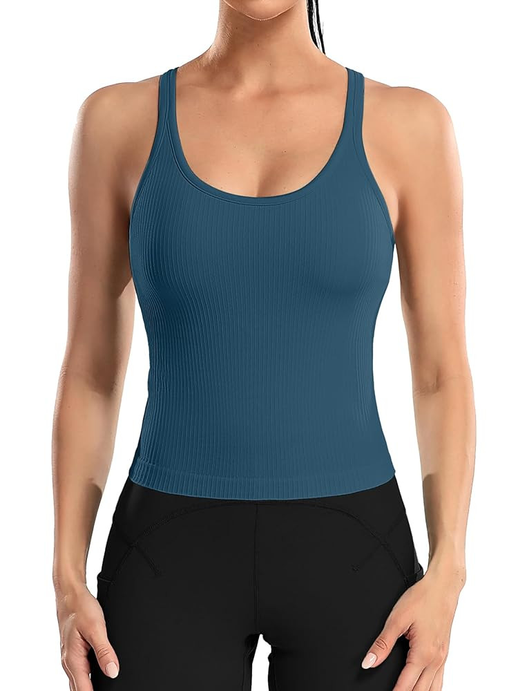ATTRACO Women Ribbed Workout Crop Tops with Built in Bra Yoga Racerback Tank Top Tight Fit | Amazon (US)