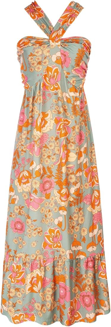 GRACE KARIN 2023 Women's Criss Cross Halter Neck Sleeveless Summer Floral Print Flowy A Line Maxi Dr | Amazon (US)