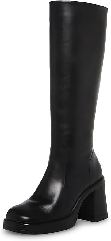 SOVANYOU Black Leather Boots Platform Boots for Women Square Toe Chunky Block Heeled Boots | Amazon (US)