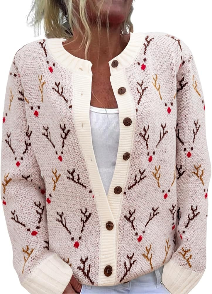 Women's Funny Fall Winter Animal Floral Christmas Tree Long Sleeve Button Knit Cardigan Sweater | Amazon (US)
