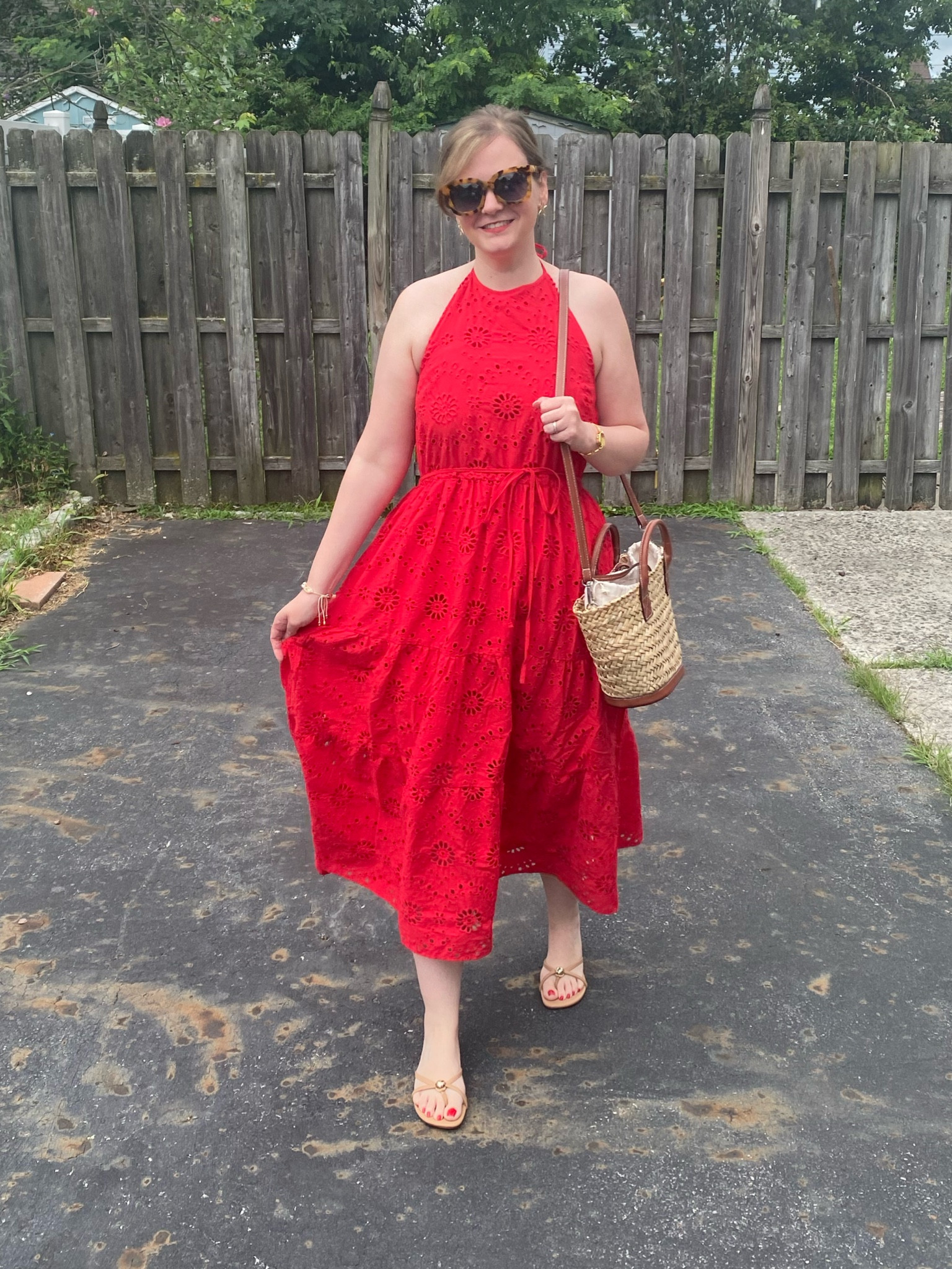 Red eyelet midi dress - tts
Gold ball flip flops
Straw bag 

#LTKStyleTip #LTKSeasonal #LTKShoeCrush