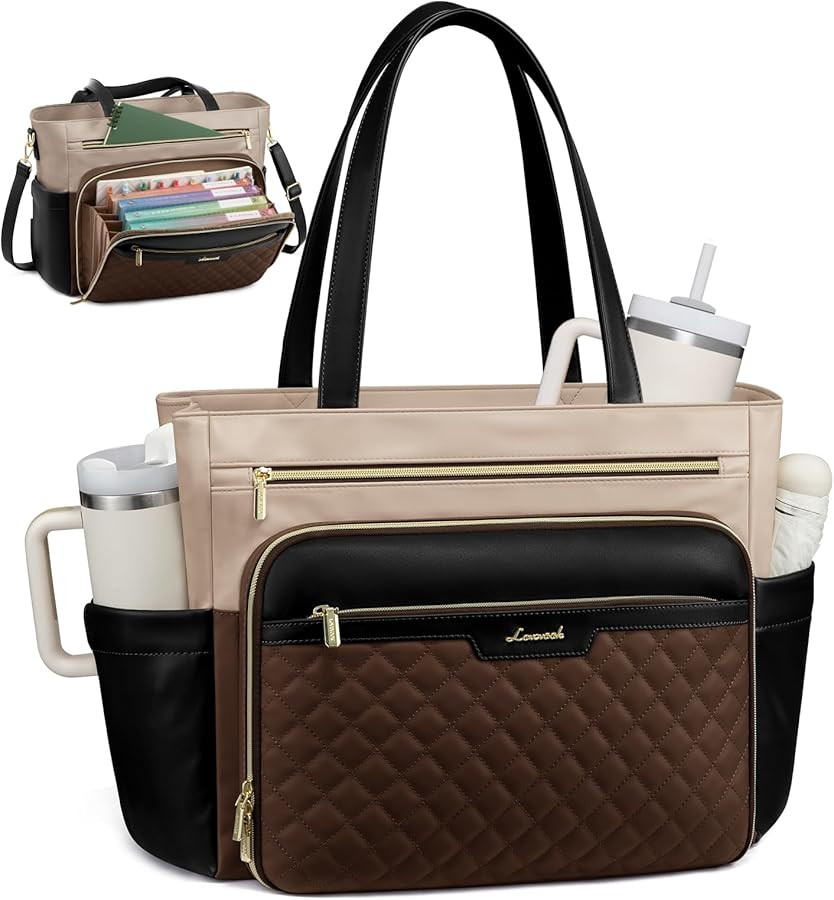 LOVEVOOK Teacher Tote Bag with Accordion File Pocket, Soft PU Leather Work Briefcase Quilted Lapt... | Amazon (US)