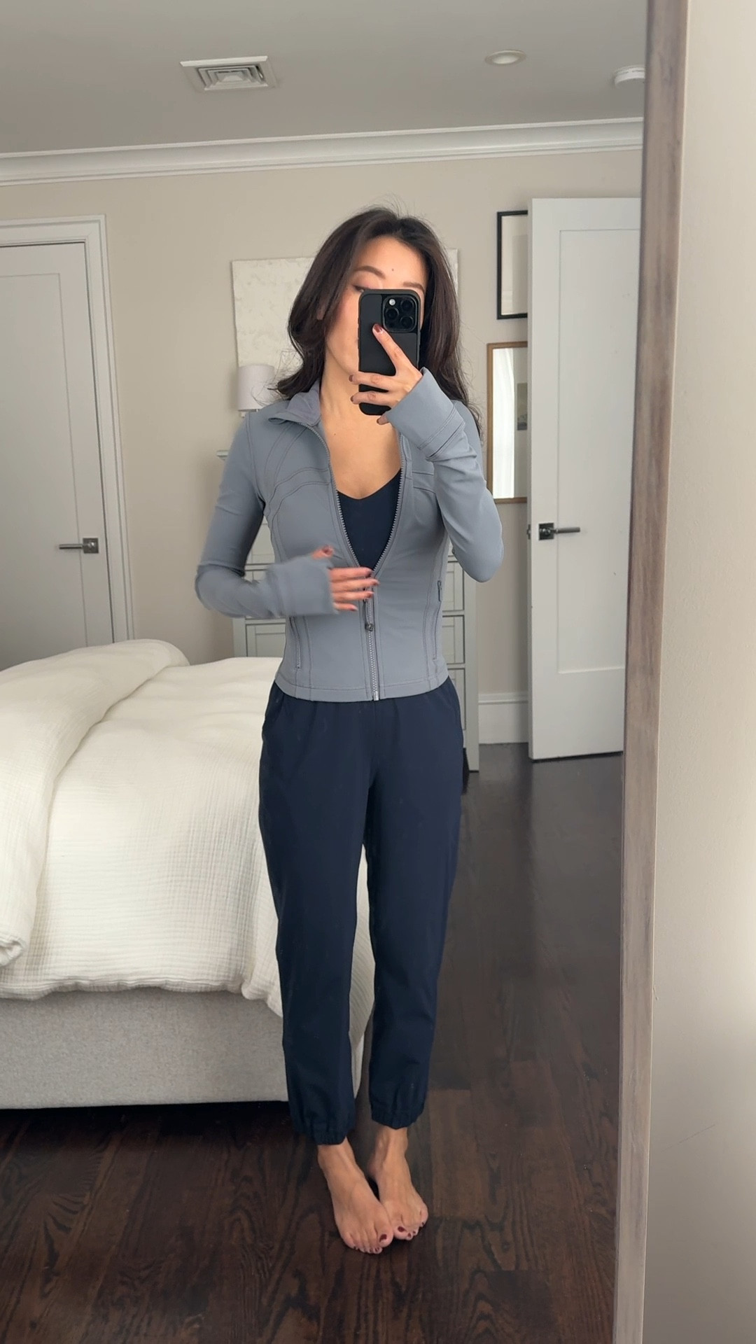 • Define Cropped Jacket in solar grey size 2. 

Buttery soft, this shorter  version has a Petite friendly torso length, very slim fit, lots of functional features. Sleeves a little long on me 

• Align Tank Top light in true navy size 2

• crop joggers sz 2 with 23” inseam

Yoga, active, running jacket, gym workout or casual travel outfit   

#LTKPetite #LTKFitness #LTKActive