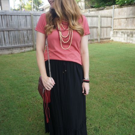 Shades of red and black with this black maxi skirt, red tee and burgundy bag and statement necklace ❤️

#LTKaustralia #LTKitbag