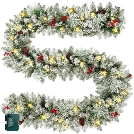 9ft Pre-Lit Snow Flocked Christmas Garland with LED Lights w/ 8 Modes & Timer for Outdoor Indoor Xmas Decoration Fireplace Stairs Doorway Railings Decor, Battery Operated | Walmart (US)