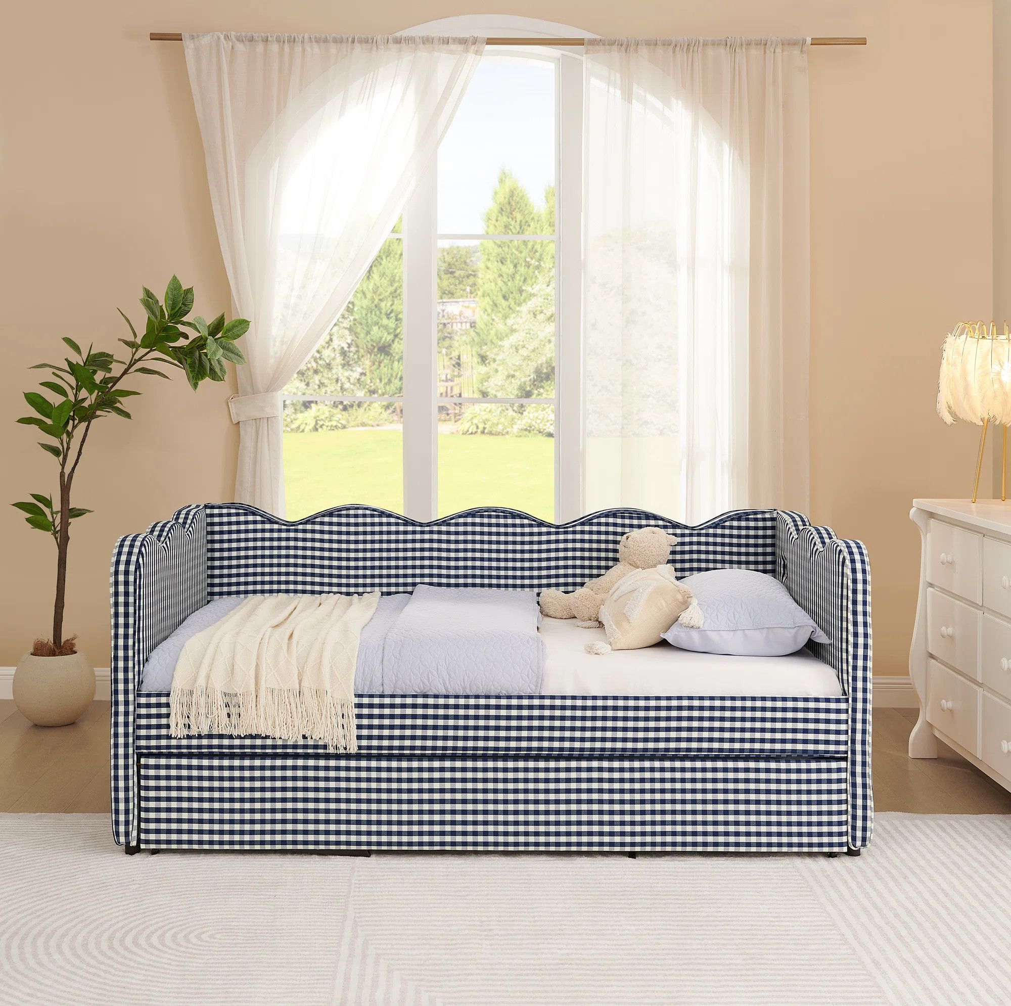 Helin Preppy Style Linen Upholstered Daybed with Trundle, USB Port & Wave-Shaped Back | Wayfair North America