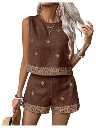 SweatyRocks Women's 2 Piece Vacation Outfits Sleeveless Tank Top and Matching Shorts Sets Brown Tribal Small | Amazon (US)