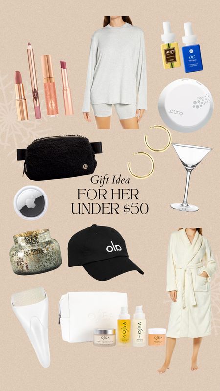 Gift guide for her under $50
Lululemon belt bag 
crystal martini glasses
alo yoga hat
capri blue candle
pura wall diffuser 
pillow talk 
robe 
ice roller 
skims pjs 

#LTKSeasonal #LTKHoliday #LTKGiftGuide