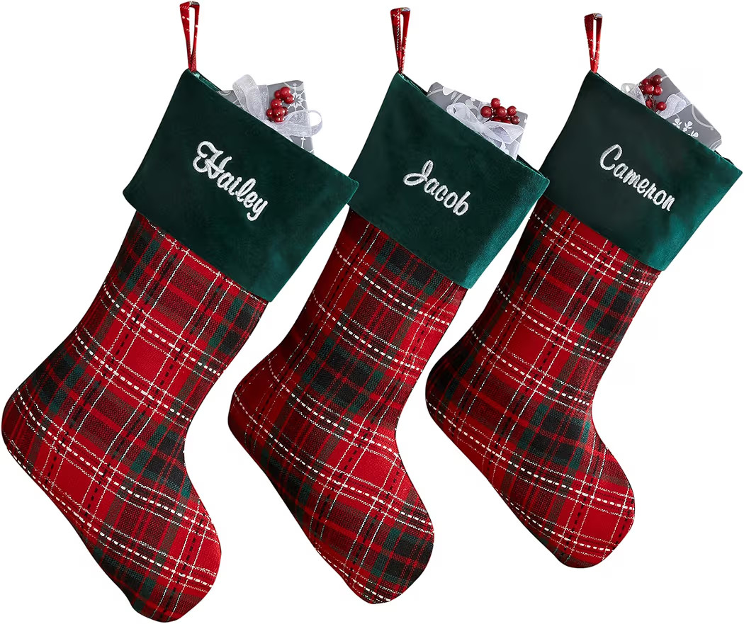 Personalization Universe Holiday Plaid Personalized Christmas Stocking, Emerald Green Velvet Cuff... | Amazon (US)