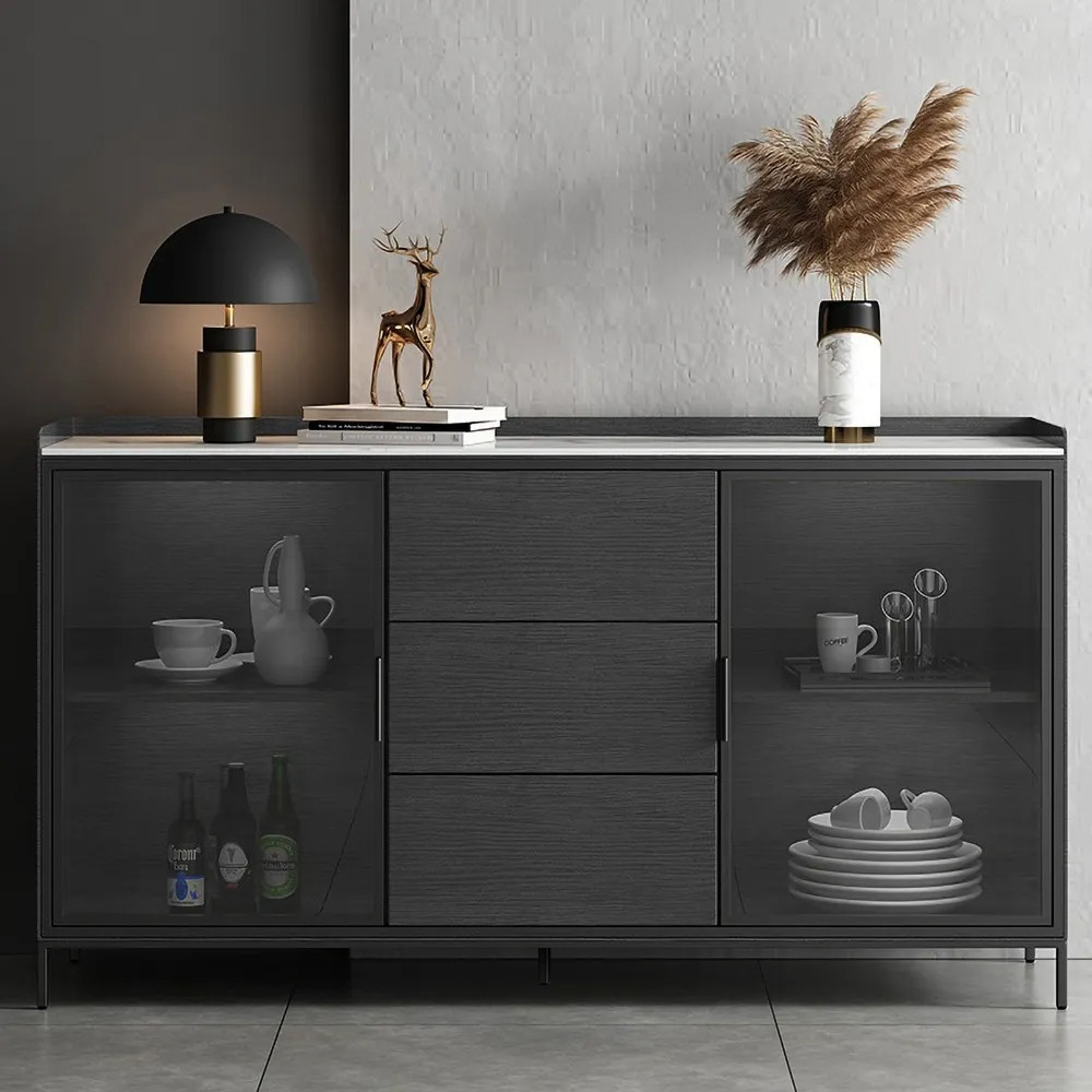 59" Black Sideboard Buffet Doors&Drawers Stone Top Modern Sideboard Cabinet in Large | Homary