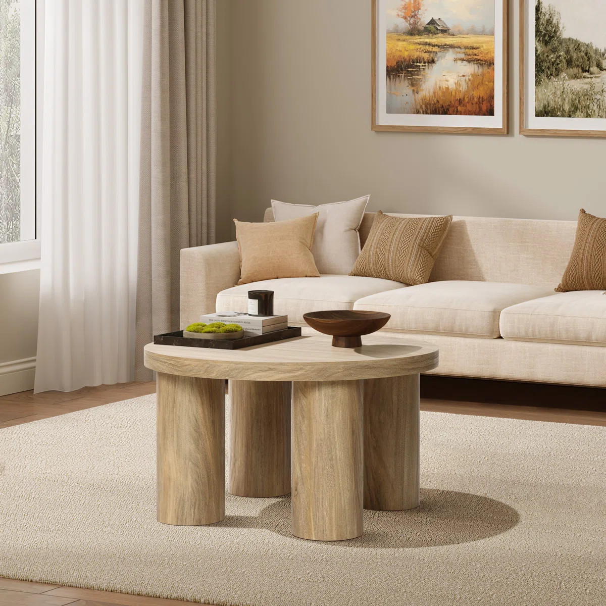 Oak Finish Manufactured Wood Round Coffee Table with 4 Pillar Legs | Wayfair North America