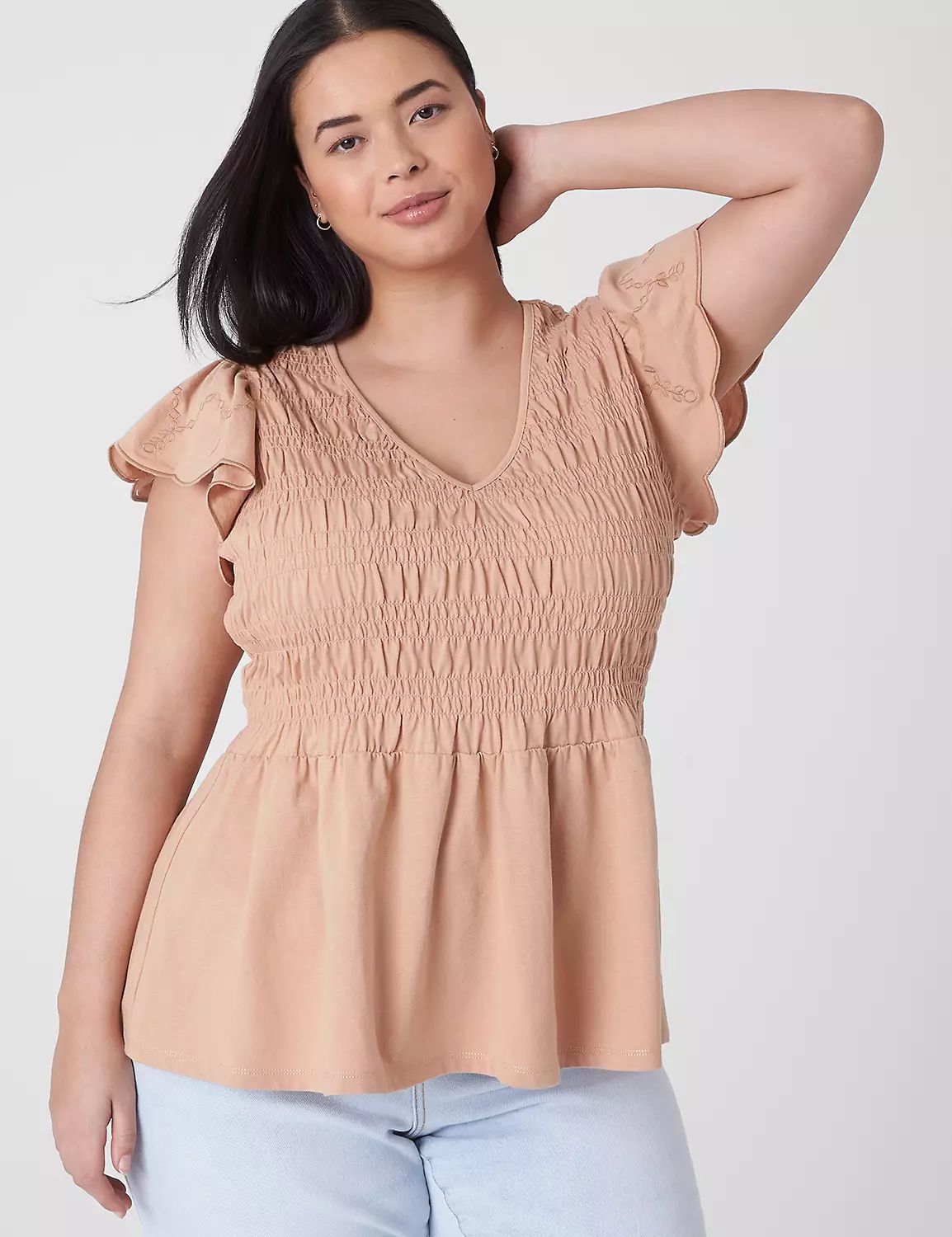 Flutter-Sleeve Smocked Peplum Top | LaneBryant | Lane Bryant (US)