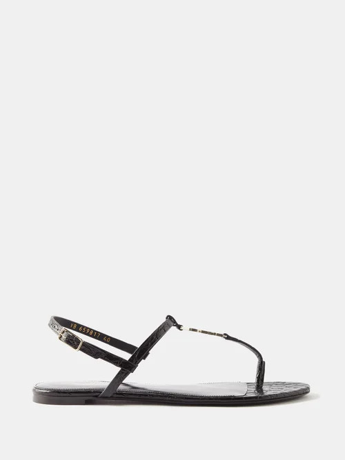 Saint Laurent - Cassandra Ysl Leather Flat Sandals - Womens - Black - 35 EU/IT | Matches (US)